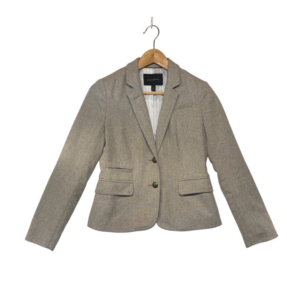 Banana Republic Womens 0P Petite Wool Blend Herringbone Blazer Jacket Tan Brown